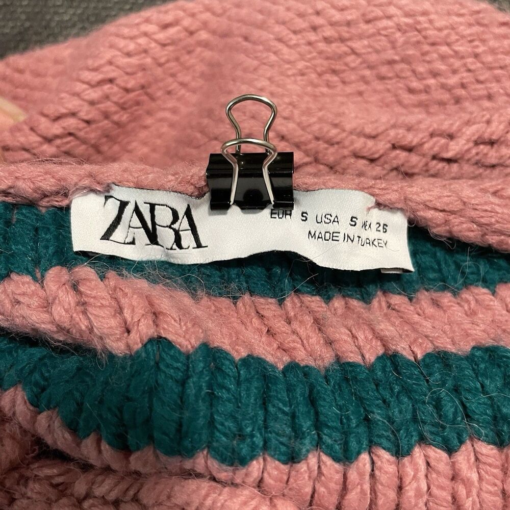 ZARA Striped Cable Knit Sweater Cropped Pink Teal Soft Women's Small S‎ Retro - Picture 7 of 9